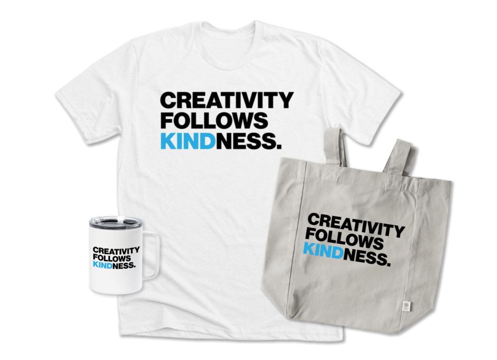 Collage of merchandise with Creativity Follows Kindness print